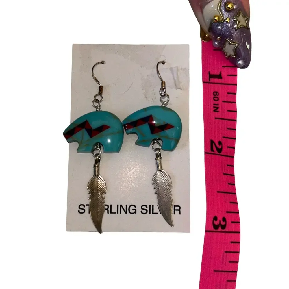 Genuine Turquoise & Sterling Silver Bear Earrings - Picture 3 of 3
